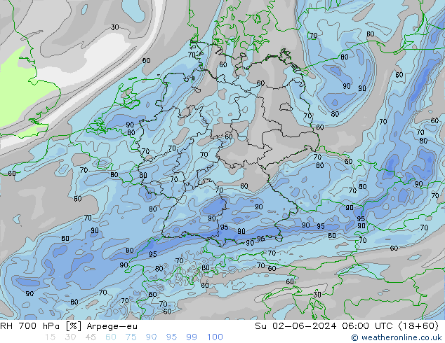 Humidité rel. 700 hPa Arpege-eu dim 02.06.2024 06 UTC