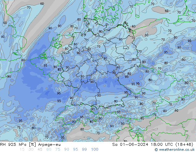 RH 925 hPa Arpege-eu sab 01.06.2024 18 UTC