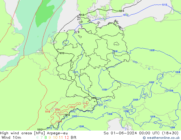High wind areas Arpege-eu Sa 01.06.2024 00 UTC