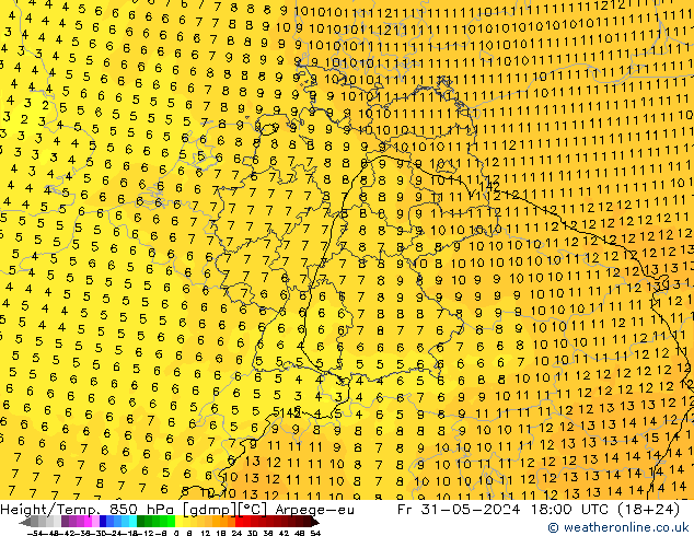 Hoogte/Temp. 850 hPa Arpege-eu vr 31.05.2024 18 UTC