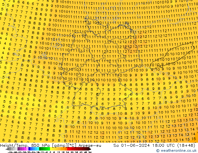 Hoogte/Temp. 850 hPa Arpege-eu za 01.06.2024 18 UTC