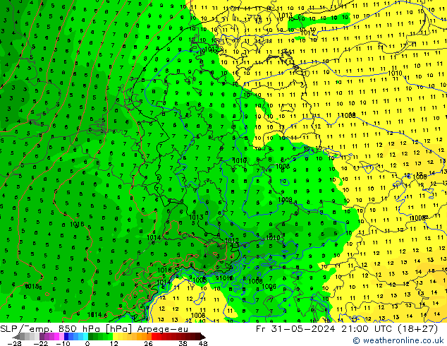 SLP/Temp. 850 hPa Arpege-eu Pá 31.05.2024 21 UTC