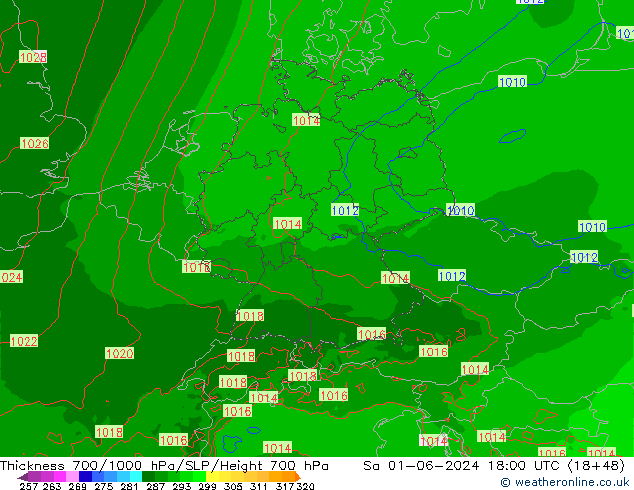 Thck 700-1000 hPa Arpege-eu sam 01.06.2024 18 UTC