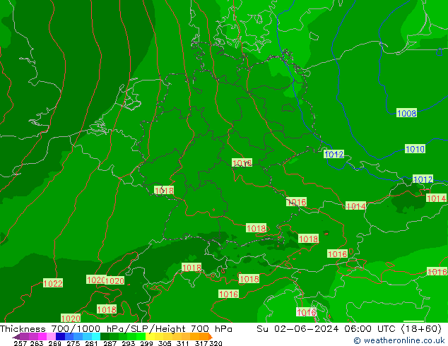 Thck 700-1000 hPa Arpege-eu Su 02.06.2024 06 UTC