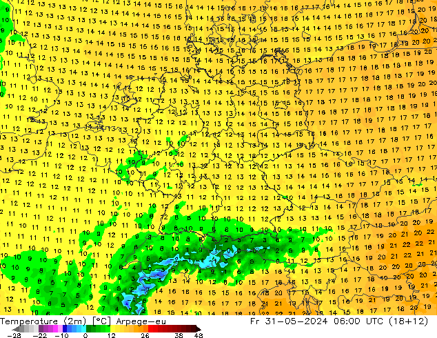 Temperaturkarte (2m) Arpege-eu Fr 31.05.2024 06 UTC