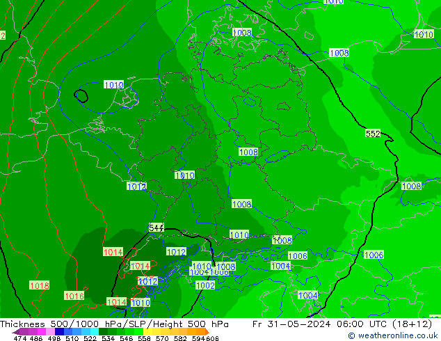 Schichtdicke 500-1000 hPa Arpege-eu Fr 31.05.2024 06 UTC