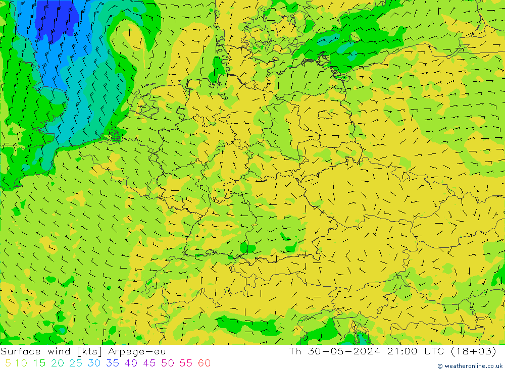 风 10 米 Arpege-eu 星期四 30.05.2024 21 UTC