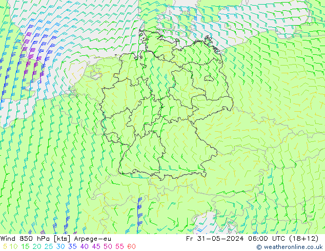 Wind 850 hPa Arpege-eu Fr 31.05.2024 06 UTC