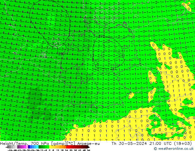 Height/Temp. 700 hPa Arpege-eu Th 30.05.2024 21 UTC