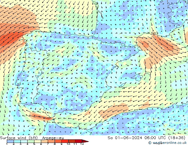 wiatr 10 m (bft) Arpege-eu so. 01.06.2024 06 UTC