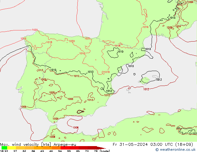 Max. wind velocity Arpege-eu Pá 31.05.2024 03 UTC