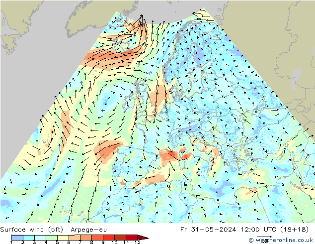 Wind 10 m (bft) Arpege-eu vr 31.05.2024 12 UTC