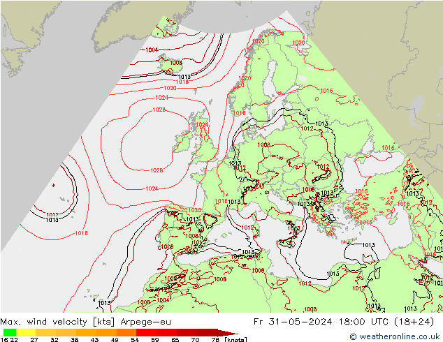 Max. wind velocity Arpege-eu 星期五 31.05.2024 18 UTC