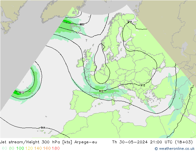 Jet stream/Height 300 hPa Arpege-eu Čt 30.05.2024 21 UTC