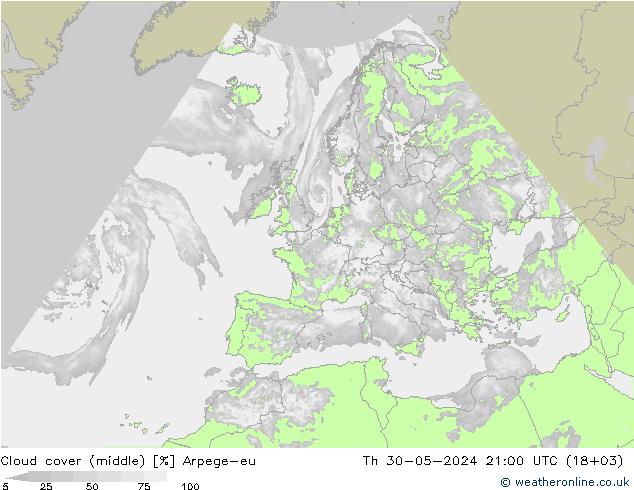 Cloud cover (middle) Arpege-eu Th 30.05.2024 21 UTC