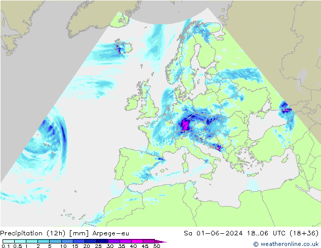 Precipitazione (12h) Arpege-eu sab 01.06.2024 06 UTC