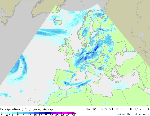 Precipitazione (12h) Arpege-eu dom 02.06.2024 06 UTC