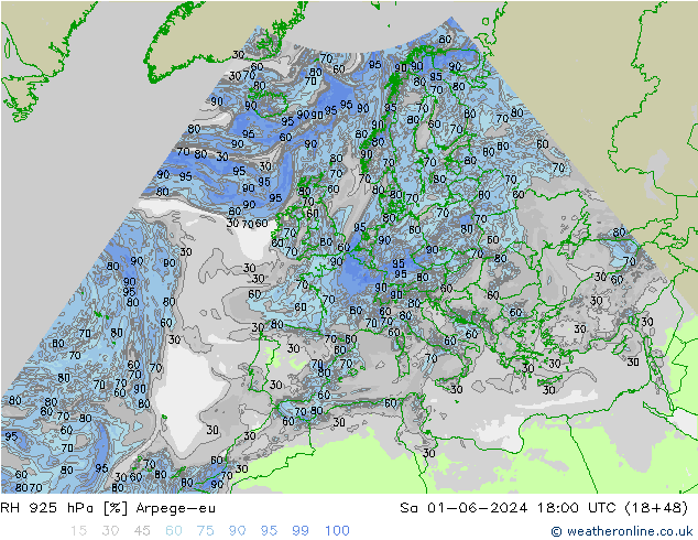 RH 925 hPa Arpege-eu Sa 01.06.2024 18 UTC