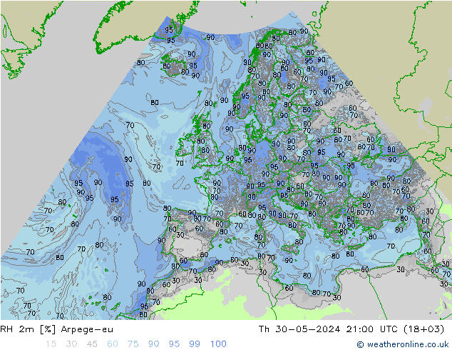 RH 2m Arpege-eu Čt 30.05.2024 21 UTC