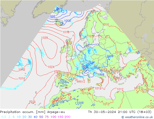 Precipitation accum. Arpege-eu czw. 30.05.2024 21 UTC