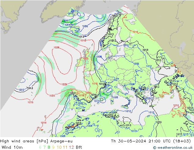 High wind areas Arpege-eu 星期四 30.05.2024 21 UTC