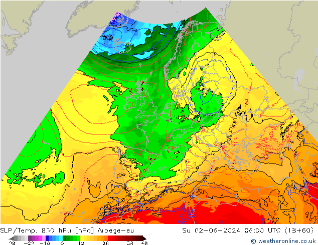 SLP/Temp. 850 hPa Arpege-eu zo 02.06.2024 06 UTC