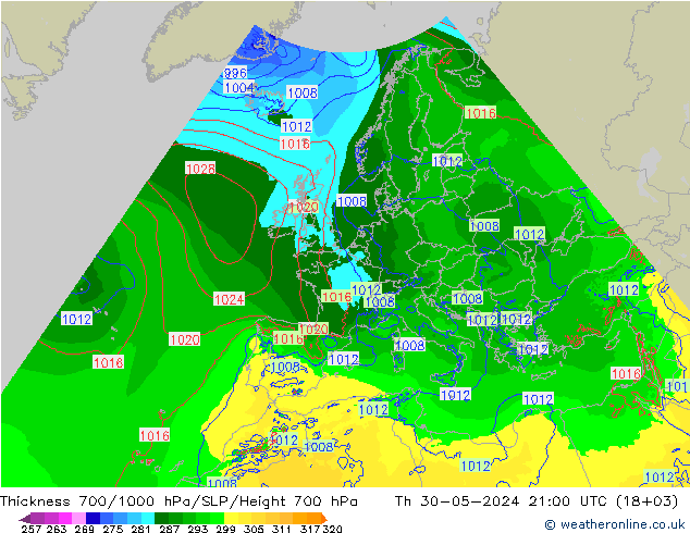 Thck 700-1000 hPa Arpege-eu 星期四 30.05.2024 21 UTC