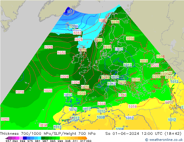 Thck 700-1000 hPa Arpege-eu so. 01.06.2024 12 UTC