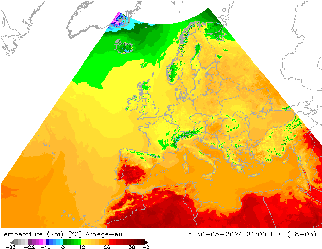 Temperatura (2m) Arpege-eu jue 30.05.2024 21 UTC