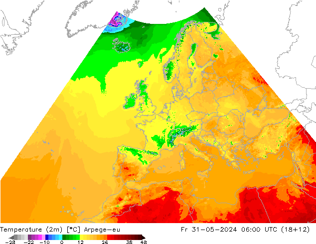 Temperatura (2m) Arpege-eu Sex 31.05.2024 06 UTC
