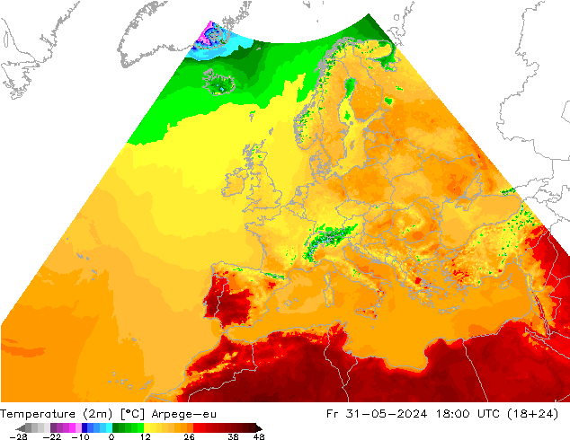 Temperatura (2m) Arpege-eu vie 31.05.2024 18 UTC
