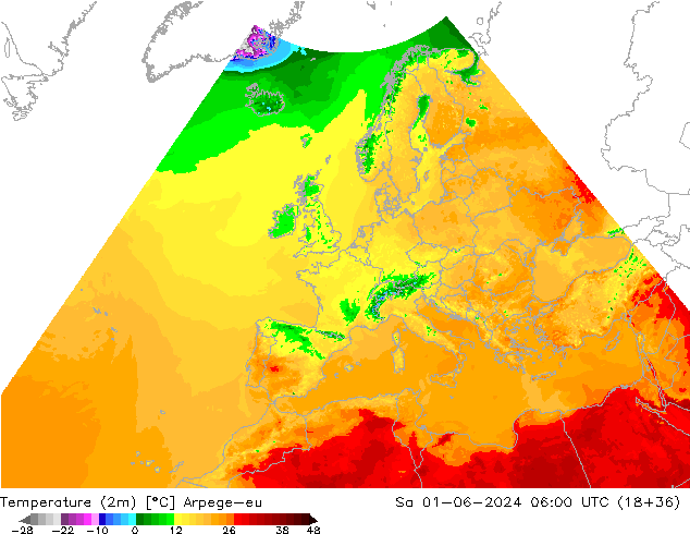 mapa temperatury (2m) Arpege-eu so. 01.06.2024 06 UTC