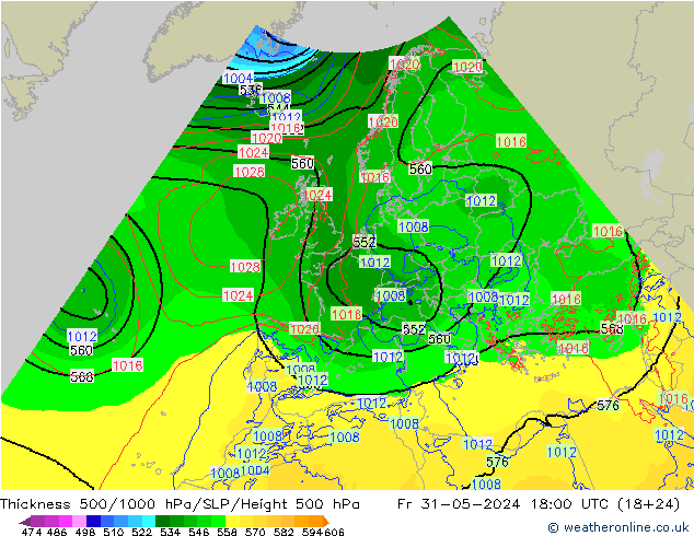 Schichtdicke 500-1000 hPa Arpege-eu Fr 31.05.2024 18 UTC