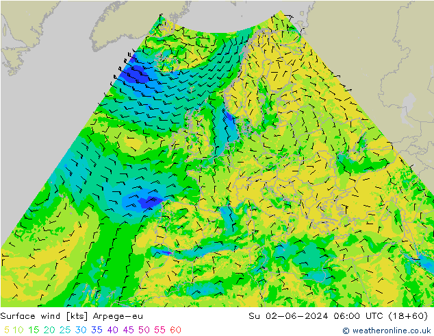 Surface wind Arpege-eu Ne 02.06.2024 06 UTC