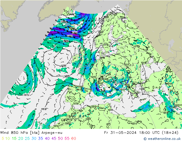 Wind 850 hPa Arpege-eu Pá 31.05.2024 18 UTC