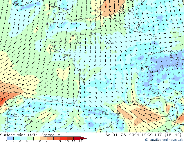 wiatr 10 m (bft) Arpege-eu so. 01.06.2024 12 UTC