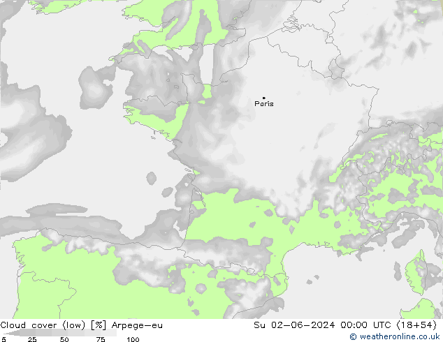 Cloud cover (low) Arpege-eu Su 02.06.2024 00 UTC