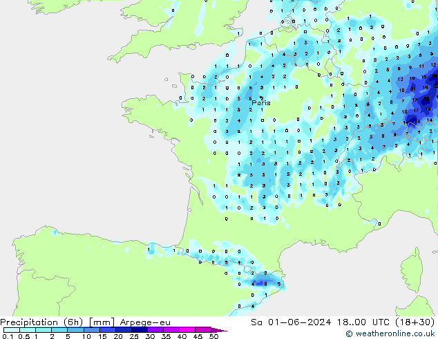 Precipitazione (6h) Arpege-eu sab 01.06.2024 00 UTC