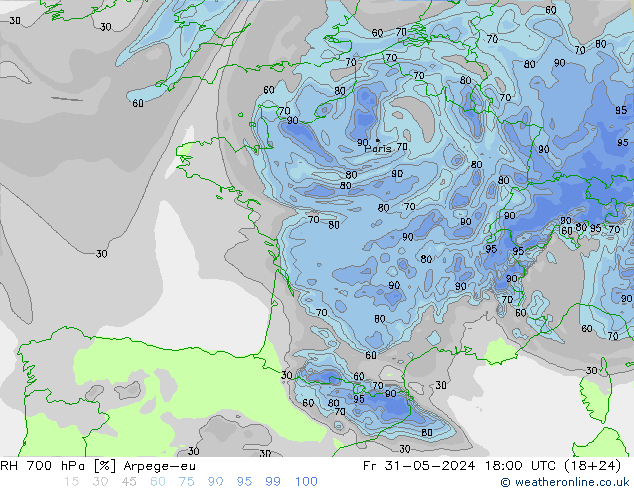 RH 700 hPa Arpege-eu Fr 31.05.2024 18 UTC