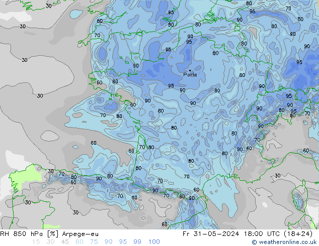 RH 850 hPa Arpege-eu Fr 31.05.2024 18 UTC