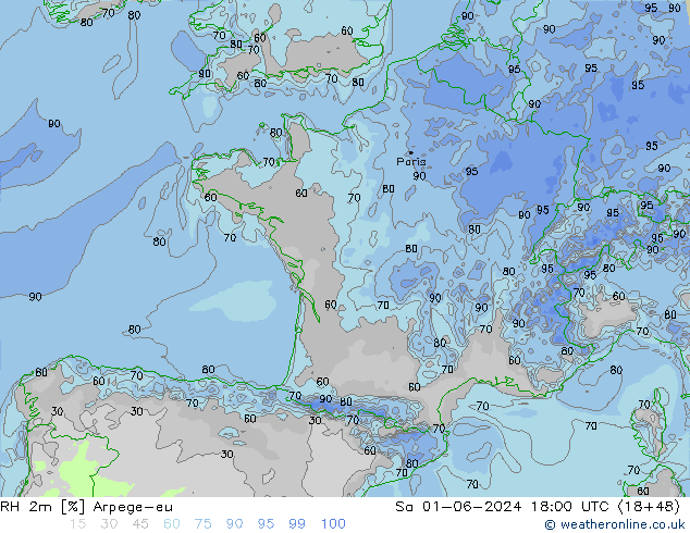 RH 2m Arpege-eu Sa 01.06.2024 18 UTC