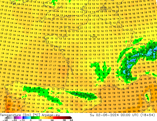 Sıcaklık Haritası (2m) Arpege-eu Paz 02.06.2024 00 UTC