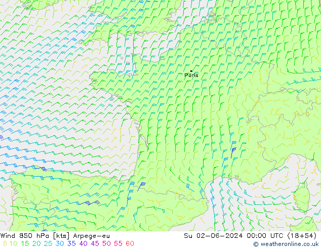 Wind 850 hPa Arpege-eu Su 02.06.2024 00 UTC