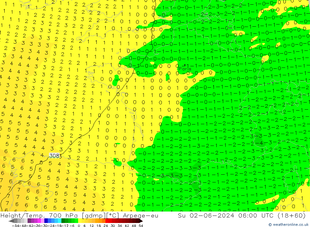 Height/Temp. 700 hPa Arpege-eu  02.06.2024 06 UTC