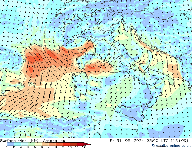 Surface wind (bft) Arpege-eu Fr 31.05.2024 03 UTC