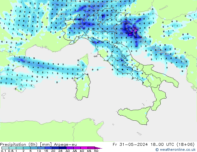 Precipitación (6h) Arpege-eu vie 31.05.2024 00 UTC