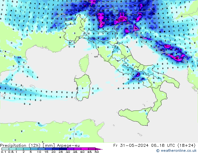 Yağış (12h) Arpege-eu Cu 31.05.2024 18 UTC