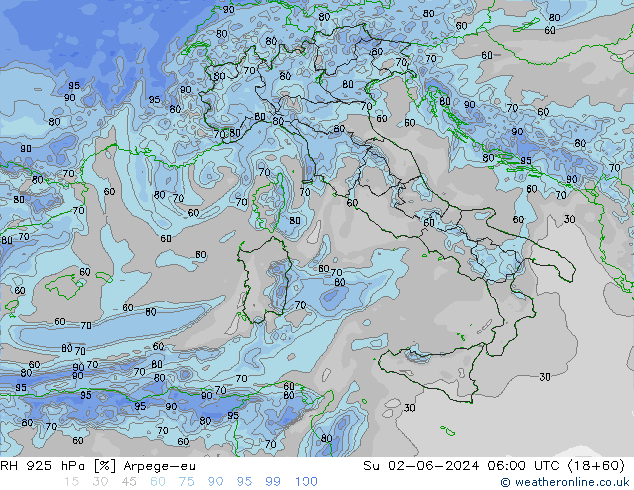 Humidité rel. 925 hPa Arpege-eu dim 02.06.2024 06 UTC