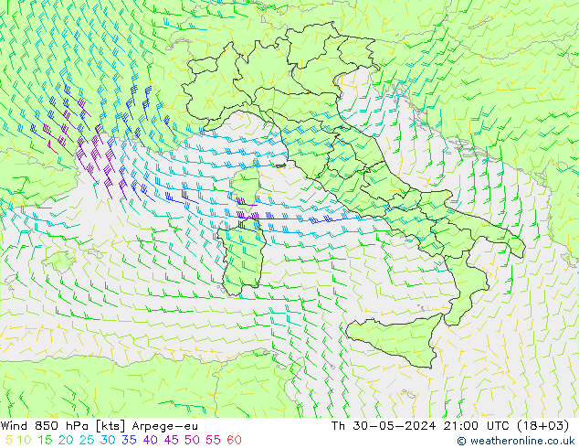 Viento 850 hPa Arpege-eu jue 30.05.2024 21 UTC