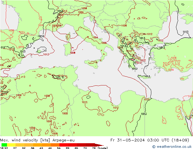 Max. wind velocity Arpege-eu Sex 31.05.2024 03 UTC